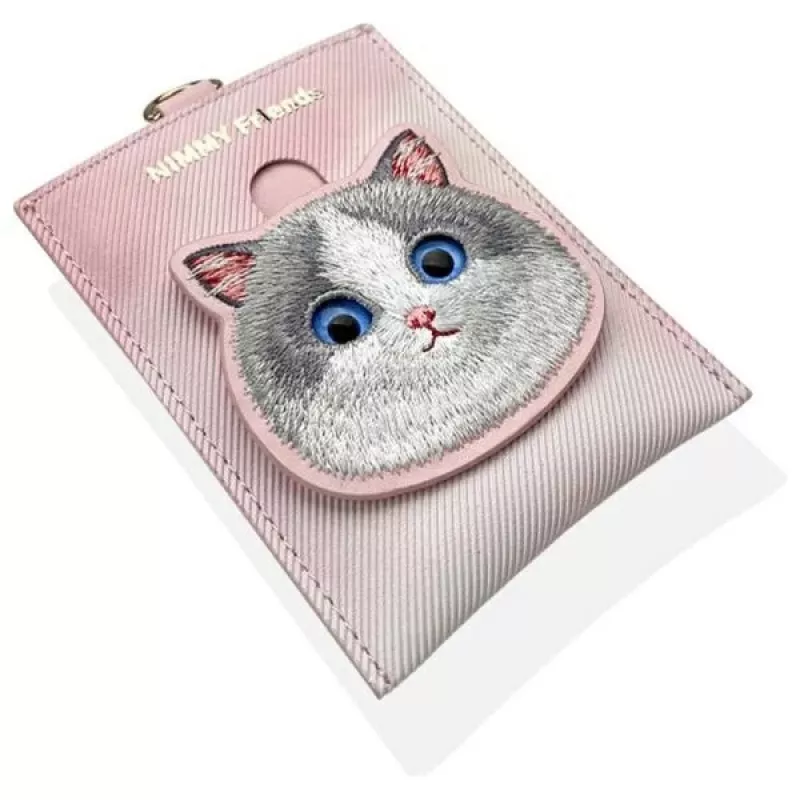 NIMMY Big Eyed Pet 2.0 Cat Pink PU odinis kortelių laikiklis su 6 kortelių lizdais, monetų kišene ir užtrauktuku