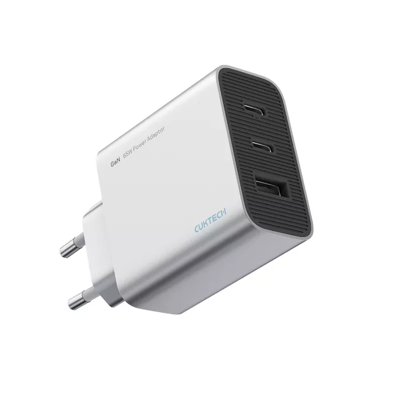 Cuktech 65W GaN sieninis įkroviklis su 2x USB-C ir 1x USB-A - pilka