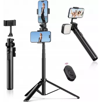 ULANZI MT-70 5 sekcijų aliumininis monopodas – selfie lazda su trikojį, nuimamu Bluetooth nuotolinio valdymo pulteliu, dviem laikikliais telefonui ir 1/4 colio sriegiu, išsitempia iki 880 mm, juoda