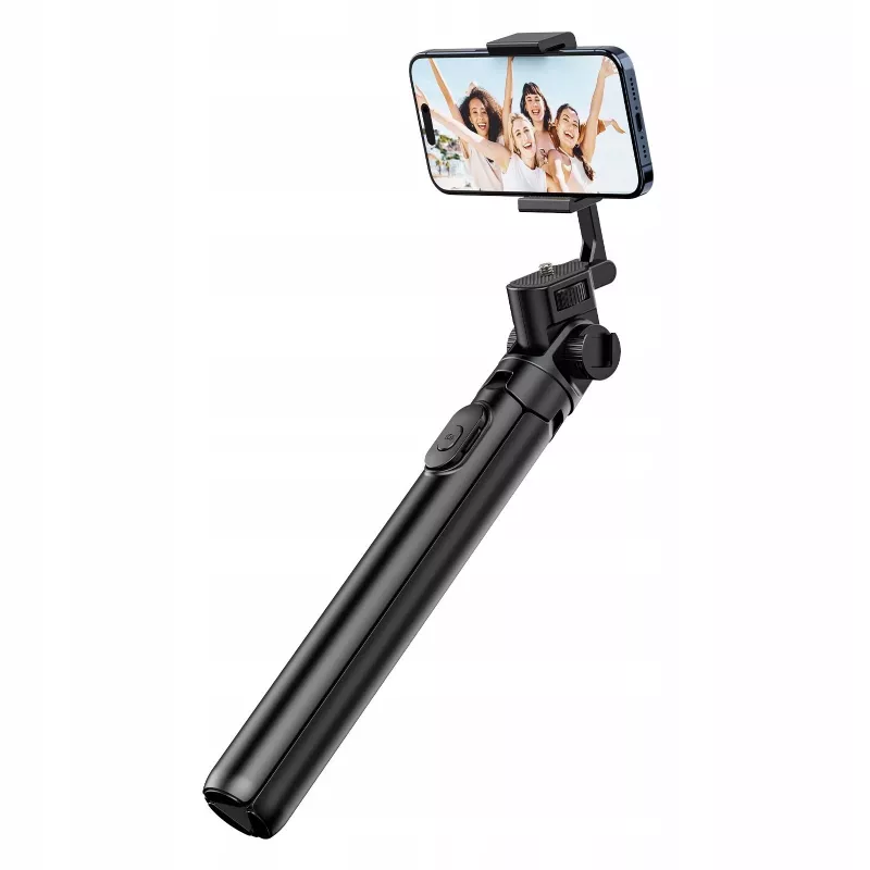 ULANZI MT-70 5 sekcijų aliumininis monopodas – selfie lazda su trikojį, nuimamu Bluetooth nuotolinio valdymo pulteliu, dviem laikikliais telefonui ir 1/4 colio sriegiu, išsitempia iki 880 mm, juoda