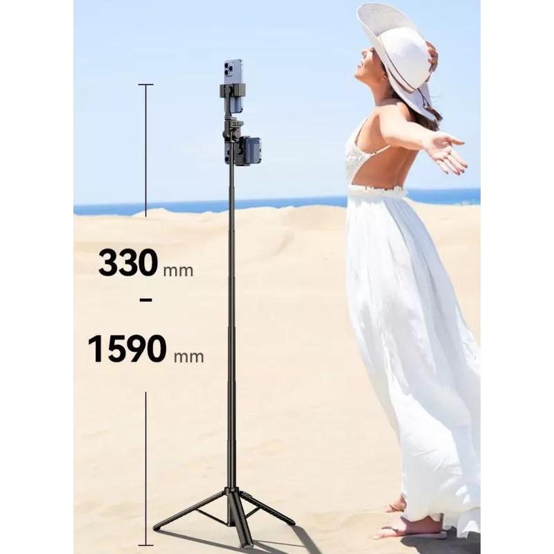 ULANZI MT-70 5 sekcijų aliumininis monopodas – selfie lazda su trikojį, nuimamu Bluetooth nuotolinio valdymo pulteliu, dviem laikikliais telefonui ir 1/4 colio sriegiu, išsitempia iki 880 mm, juoda