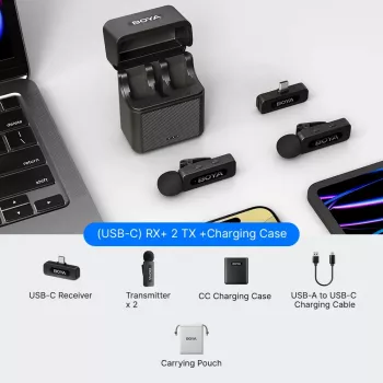 BOYA BY-V30 belaidis lavalier mikrofonas USB-C įrenginiams, 2.4GHz, 50m atstumas, 9 val. baterija, triukšmo slopinimas, juoda