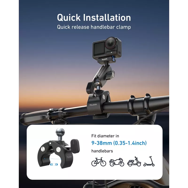 TELESIN Magic Arm Clamp Mount laikiklis, skirtas DJI Osmo Action 5 Pro/4/3, Osmo 360, GoPro, Insta360 – S3-HBM-14-TDJ