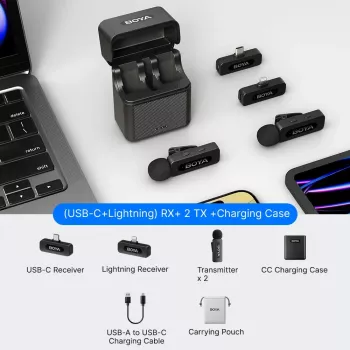 BOYA BY-V3 Combo 2,4 GHz belaidė mikrofono sistema su 2 siųstuvais ir 2 imtuvais (Lightning ir USB-C) - juoda