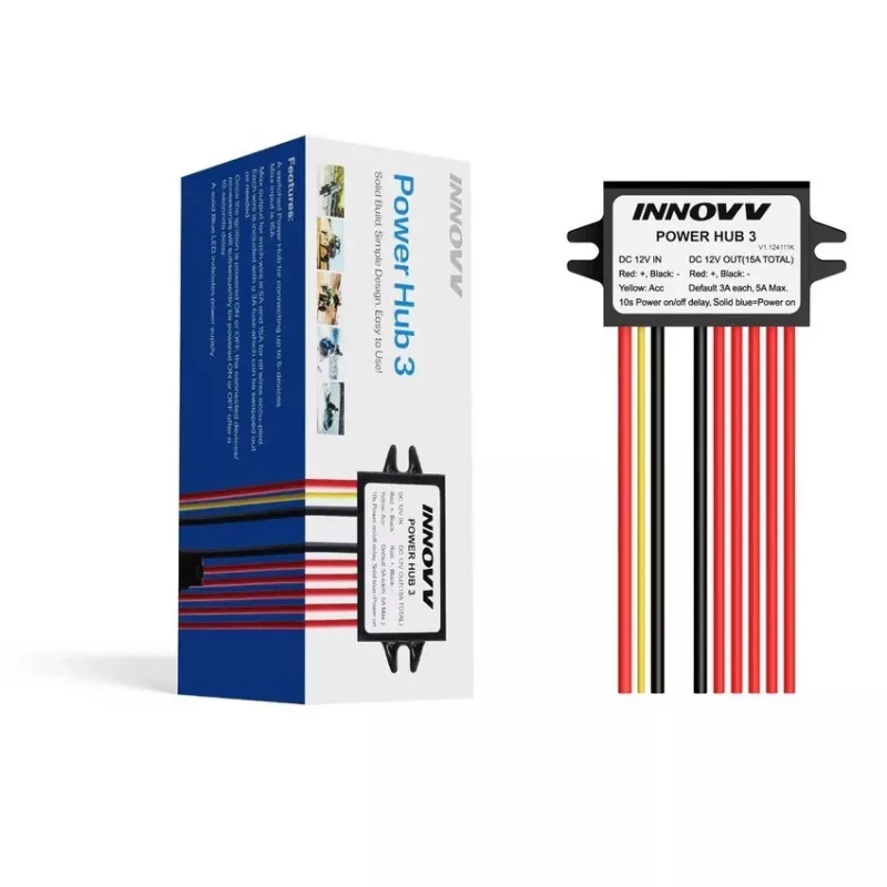 INNOVV Power Hub 3 – vandeniui atsparus 12V galios skirstytuvas 5 įrenginiams su akumuliatoriaus apsauga ir saugikliais