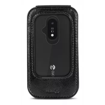 Doro Case L20/L30/2800/2820/2880/E20/E22/E30 – juodos spalvos PU odos atverčiamas dėklas su kortelių kišene ir stoveliu