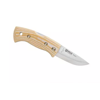 Helle Berget fiksuoto peilio peilis, 100 mm Sandvik 12C27 nerūdijančio plieno Drop Point geležtė, smėlio spalvos Canvas Micarta rankena, Full Tang, odinis makštis, 220 mm bendras ilgis