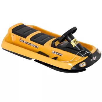 Hamax Sno Taxi Snow Racer rogės – geltonos HDPE vaikiškos rogės su vairu ir rankiniu stabdžiu