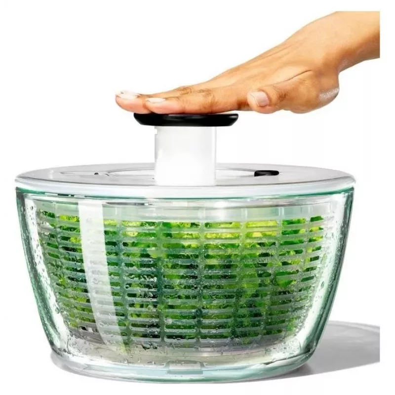 OXO Good Grips Glass Salad Spinner 2-in-1 su serviravimo dubeniu, 5,5 Qt, skaidrus/baltas