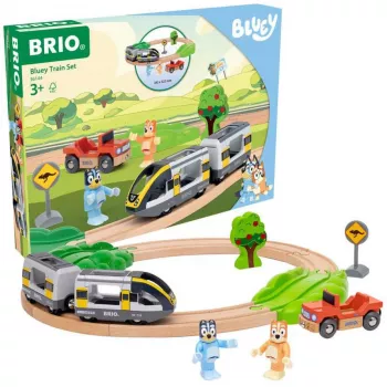 RAVENSBURGER World - Bluey traukinukų rinkinys | Medinis žaislinis traukinys su Bluey ir Bingo figūrėlėmis | 3 dalys | FSC sertifikatas | Suderinamas su BRIO World