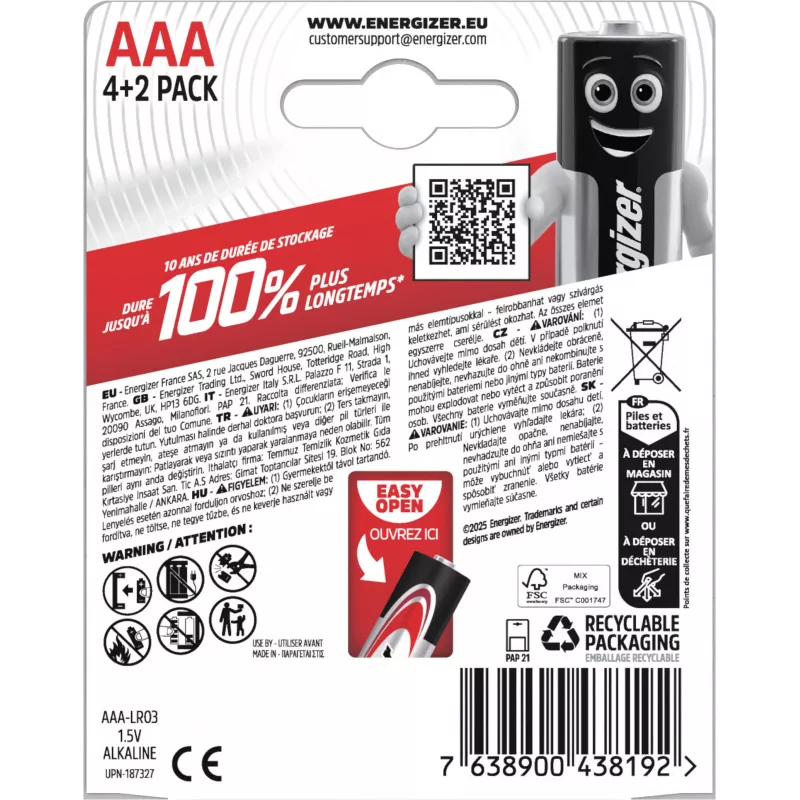 Energizer Max AAA šarminės baterijos, 1,5 V, 6 vnt. (4+2)
