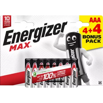 Energizer Max AAA šarminės baterijos, 1,5 V, 8 vienetų pakelis (4+4)