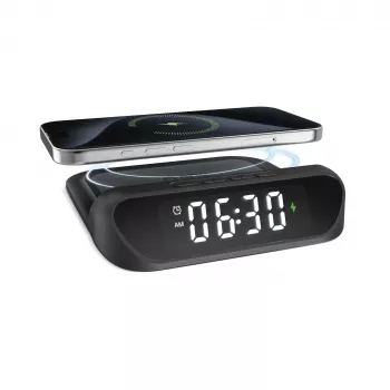 SBS TEWIRCLOCK belaidžio įkrovimo žadintuvas su Qi 10W greituoju įkrovimu, LED ekranu, USB-C įvestimi, juodos spalvos
