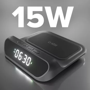 SBS TEWIRCLOCK belaidžio įkrovimo žadintuvas su Qi 10W greituoju įkrovimu, LED ekranu, USB-C įvestimi, juodos spalvos