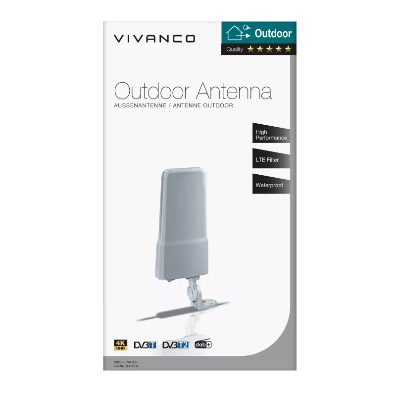 Vivanco VVANOUT42DBG lauko aktyvi antena DAB/DAB+ ir DVB-T/DVB-T2, 42 dB stiprinimas, F jungtis, juoda/pilka