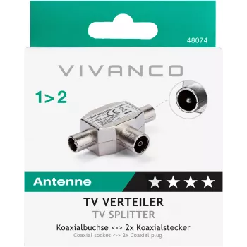 Vivanco ekranuotas 2 krypčių TV antenos skirstytuvas, koaksialinis lizdas į 2 kištukus (VVANSHILD2M1F)