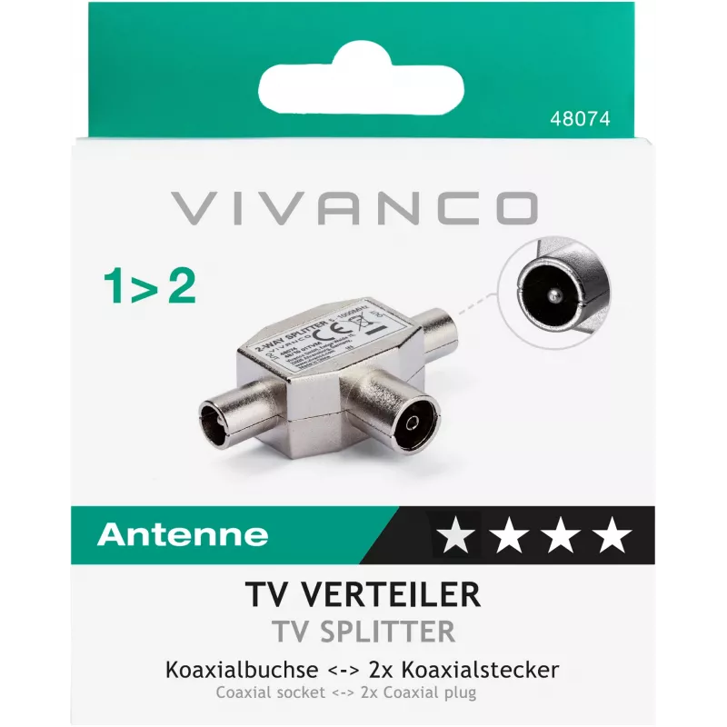 Vivanco ekranuotas 2 krypčių TV antenos skirstytuvas, koaksialinis lizdas į 2 kištukus (VVANSHILD2M1F)