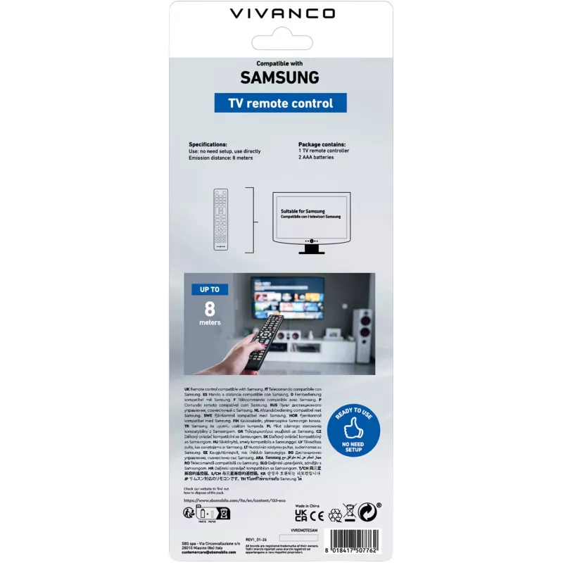 Vivanco VVREMOTESAM universali Samsung televizorių nuotolinio valdymo pultas, juodas