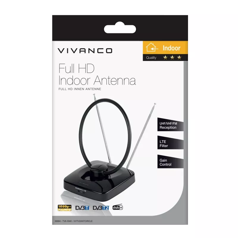 Vivanco VVTV2ANTCIRCLE vidaus antena DVB-T/T2, DAB/DAB+ ir FM radijui, juoda