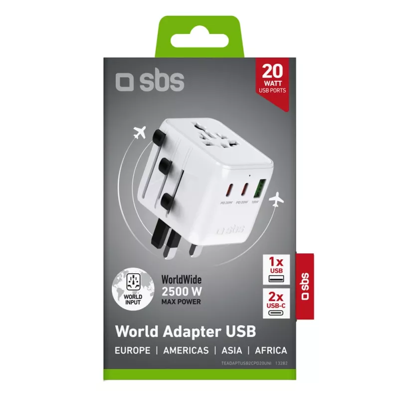 SBS Universal kelioninis adapteris su 2x USB-C PD 20W ir 1x USB-A QC 18W, 35W bendra galia, baltas