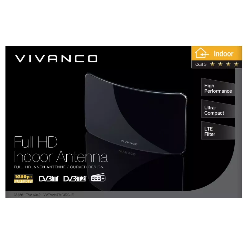 Vivanco VVTVANTMCIRCLE 28 dB stiprinimo patalpų DVB-T/T2 antena su LTE/4G/5G filtru, DAB/DAB+ palaikymu, juoda