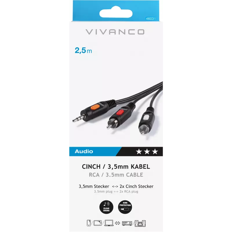 Garso laidas 3.5 mm – 2xRCA Vivanco 2.5 m (VVAJACK2RCA25MMK)