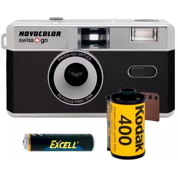 Swiss+Go Novocolor 35 mm analoginis fotoaparatas su blykste, dėklu, dirželiu ir Kodak filmu (SWI401608)