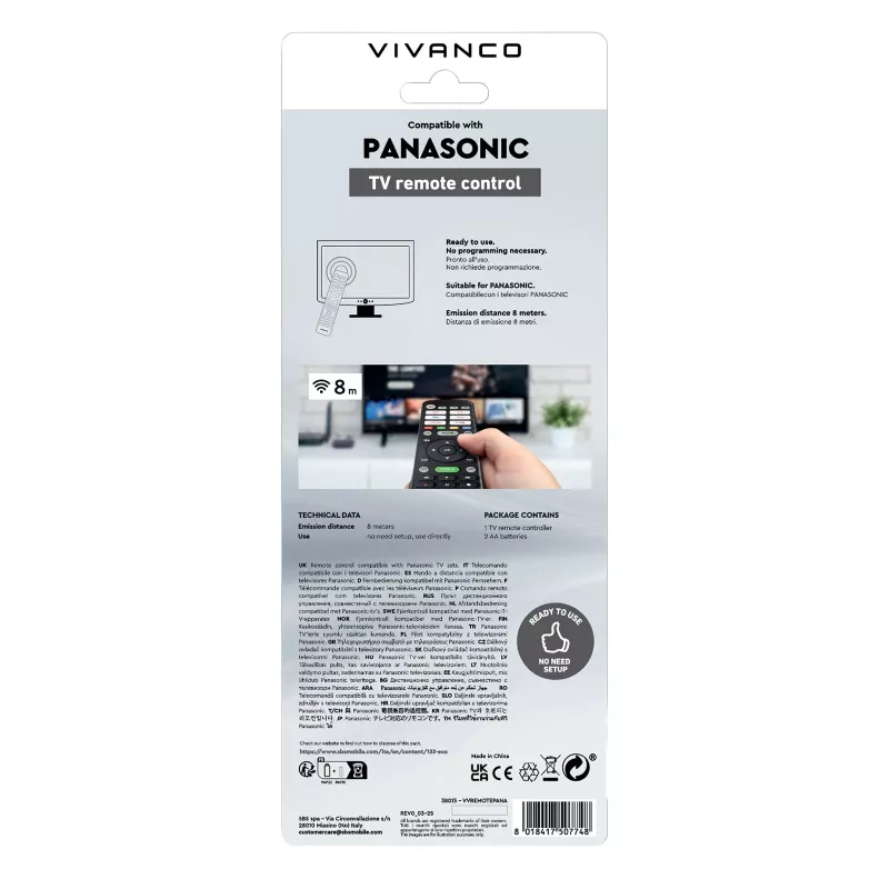 Vivanco VVREMOTEPANA universalus nuotolinio valdymo pultas Panasonic televizoriams – iš anksto užprogramuotas, IR, juodos spalvos