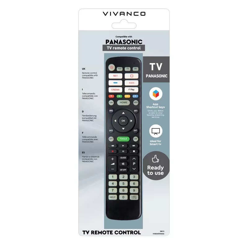 Vivanco VVREMOTEPANA universalus nuotolinio valdymo pultas Panasonic televizoriams – iš anksto užprogramuotas, IR, juodos spalvos