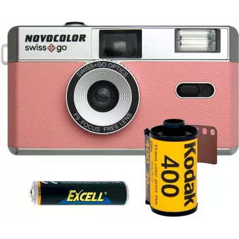 Swiss+Go Novocolor 35mm analoginis fotoaparatas su blykste, rožinis (SWI401611)