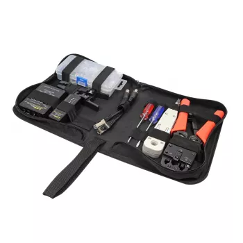 DSIT DC-TOOLSET-PRO profesionalus tinklo įrankių rinkinys su presavimo replėmis, testeriu, punch down įrankiu, replėmis, atsuktuvais, jungtimis ir užtrauktuku