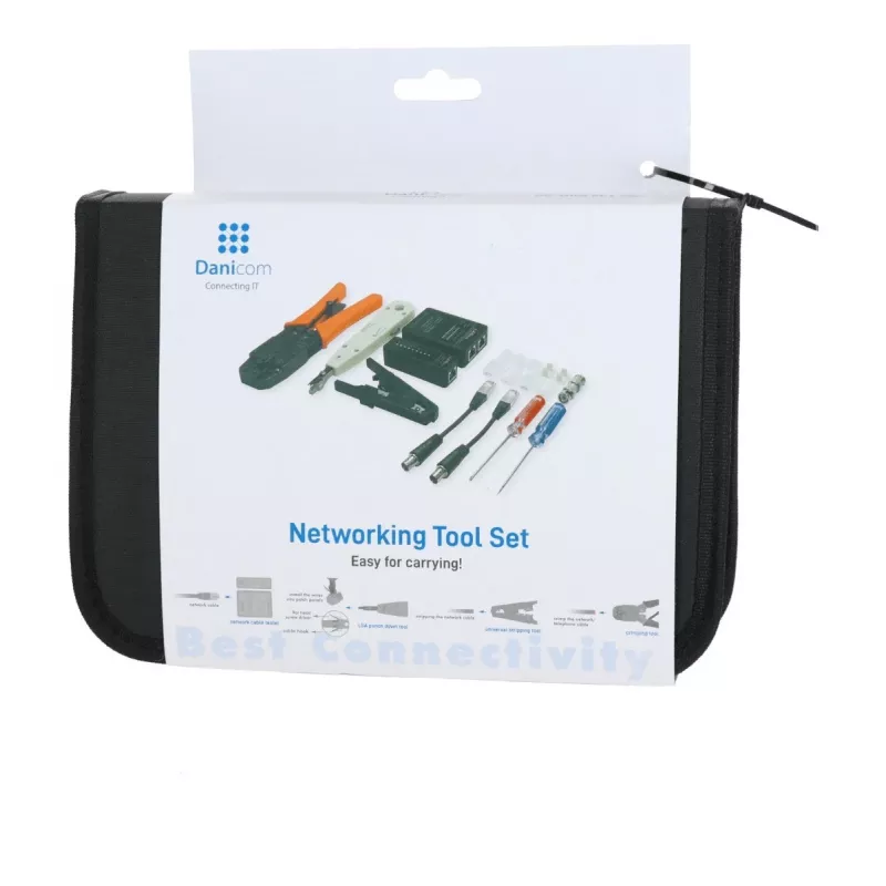 DSIT DC-TOOLSET-PRO profesionalus tinklo įrankių rinkinys su presavimo replėmis, testeriu, punch down įrankiu, replėmis, atsuktuvais, jungtimis ir užtrauktuku