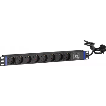 DSIT DS-8PDU-SPD 19 colių stovo maitinimo juosta su apsauga nuo viršįtampių, 8 lizdai, 2m laidas, 16A, 1U, juoda