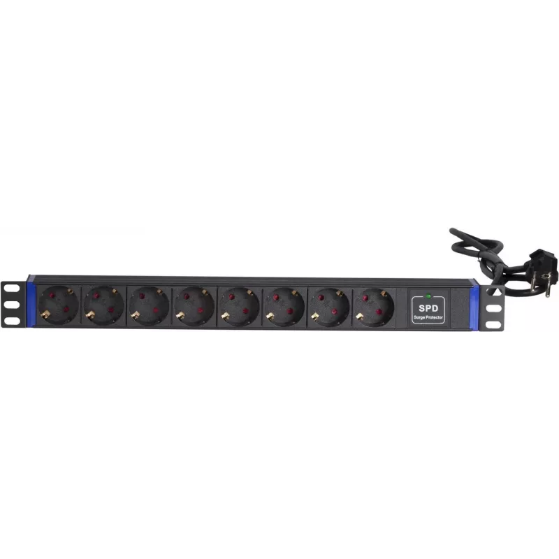 DSIT DS-8PDU-SPD 19 colių stovo maitinimo juosta su apsauga nuo viršįtampių, 8 lizdai, 2m laidas, 16A, 1U, juoda