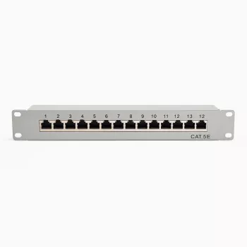 DSIT 10 colių 12 prievadų Cat5e STP skydelis – 1U montavimui į stelažą, ekranuotas RJ45, juodas