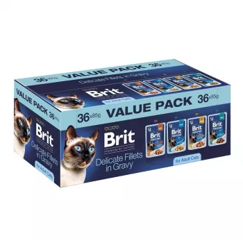 Brit Delicate Fillets padaže suaugusioms katėms - įvairi mėsa ir žuvis, 36 x 85 g maišeliai