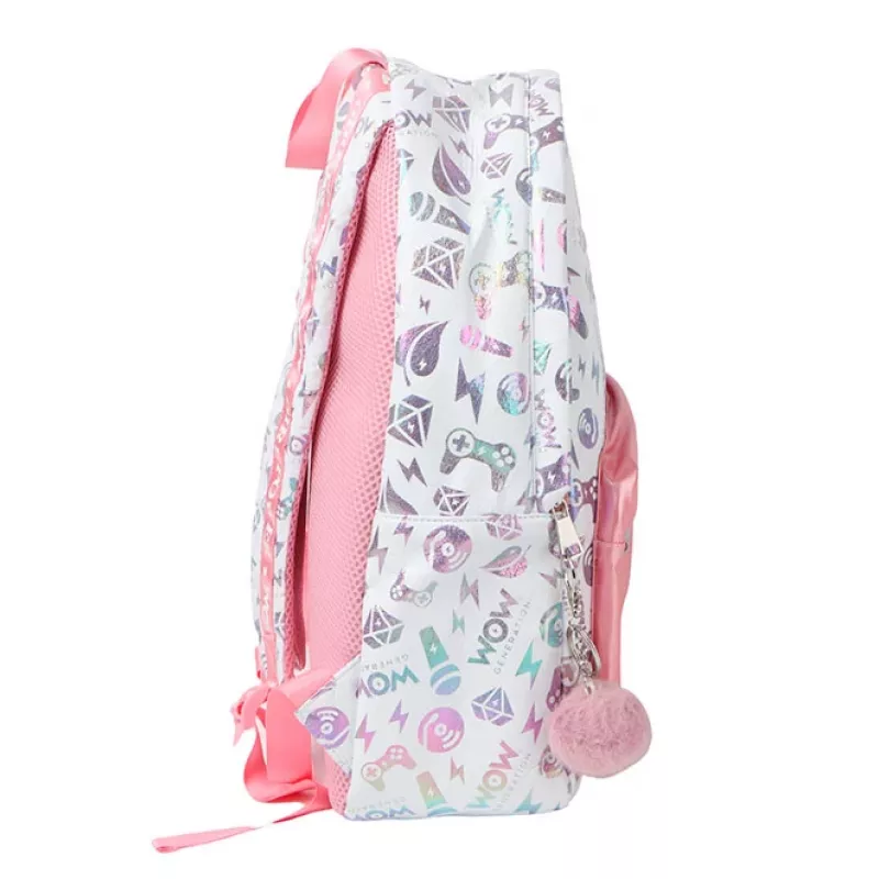 KIDS Wow Holo Holografinė mergaičių mokyklinė kuprinė, didelė A4, rožinė su pomponu - Wow00022