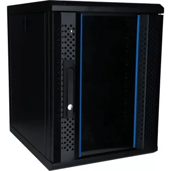 DSIT 9U 10 colių sieninis serverio stovas su stiklinėmis durimis, 370x450x486 mm, juodos spalvos