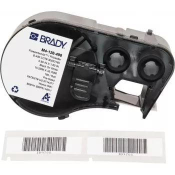 Brady FreezerBondz poliesterio etiketės 15,24 x 45,72 mm juodos ant baltų, nuolatinis lipnus sluoksnis (180 etikečių/ritinyje)