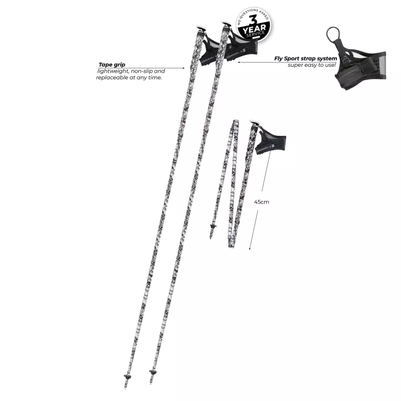 Komperdell Erlkönig FXP sudedamos bėgimo lazdos, 130 cm, 3 dalių ypač lengvas anglies pluoštas 14 mm, savaime išsiskleidžianti FXP sistema, Trail Pro Tape rankena