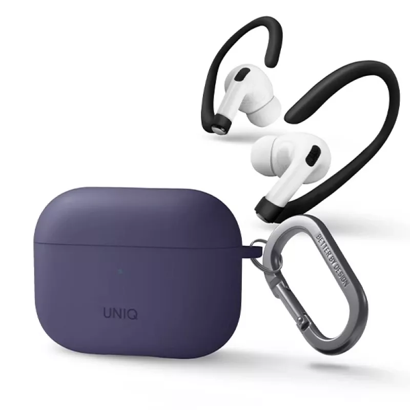 UNIQ Nexo silikoninis dėklas su ausų kabliukais, skirtas Apple AirPods Pro 2 kartos (2022/2023) – figų violetinė