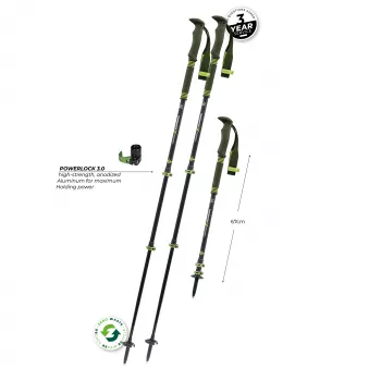 Komperdell Carbon Pro Zero teleskopinės trekingo lazdos, anglies pluošto vamzdis su titanalio apatine dalimi, Powerlock 3.0, Trek Pro 280 putų rankena, keičiami Vario ratukai