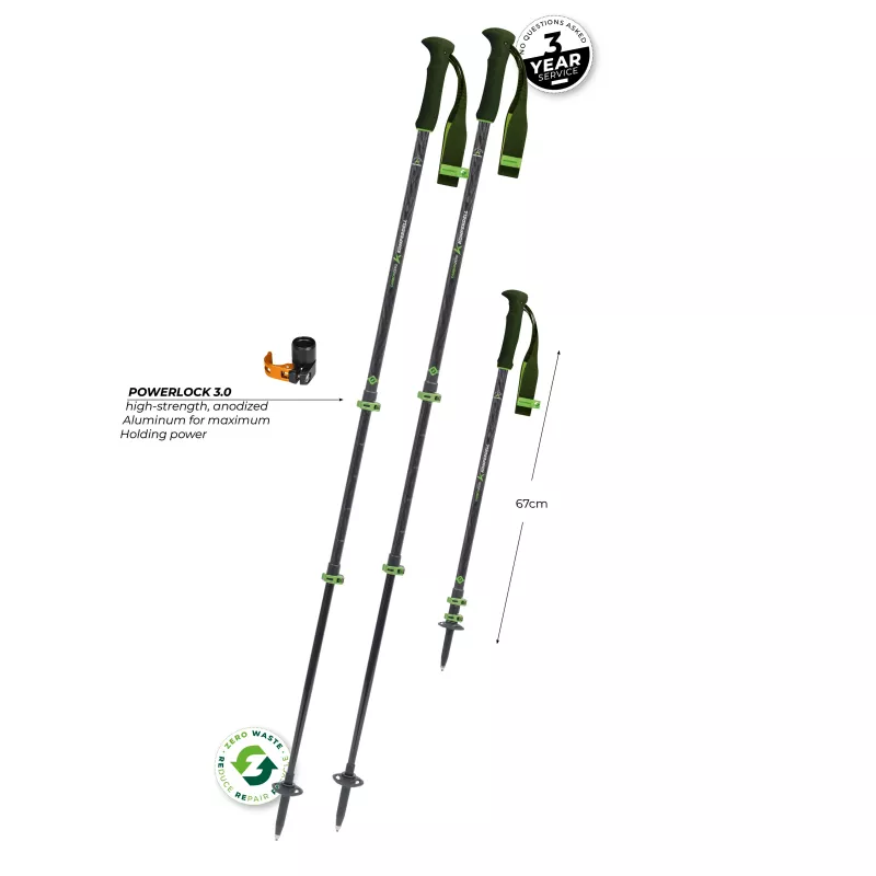 Komperdell Carbon EVO Zero teleskopinės trekingo lazdos, anglies pluošto vamzdis su titanalio apatine dalimi, Powerlock 3.0, Trek Foam 150 putų rankena, keičiami Vario ratukai