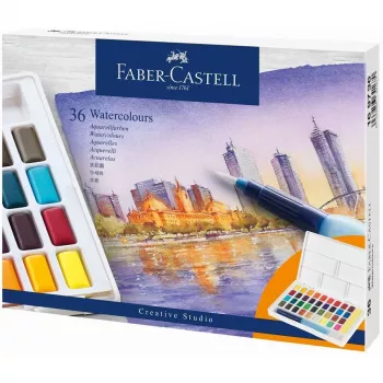 Faber-Castell Creative Studio akvarelės dažų rinkinys, 36 spalvos kietose tabletėse su teptuku ir kempinėle, maišymo paletė dangtelyje, studentų klasė, skaidrūs, papildomi, nešiojamas plastikinis dėklas