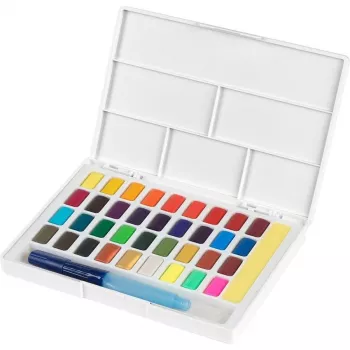 Faber-Castell Creative Studio akvarelės dažų rinkinys, 36 spalvos kietose tabletėse su teptuku ir kempinėle, maišymo paletė dangtelyje, studentų klasė, skaidrūs, papildomi, nešiojamas plastikinis dėklas