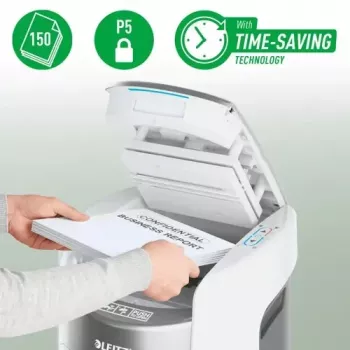 Leitz IQ Optimax AutoFeed 150 mikro pjovimo dokumentų smulkintuvas P-5, 150 lapų automatinis padavimas, 26 l krepšelis, juodos spalvos