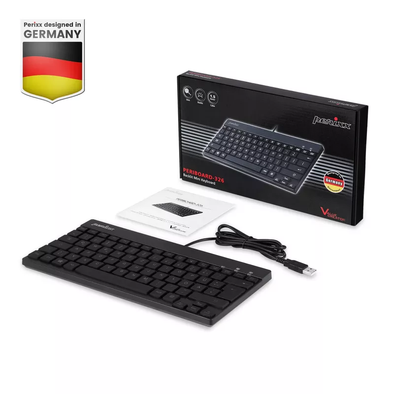 Perixx PERIBOARD-326 DE apšviesta USB klaviatūra, laidinė, juoda