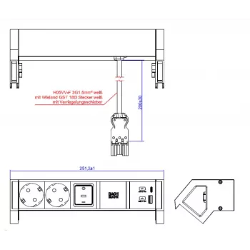 Bachmann DESK2 White stalinis maitinimo modulis su 2 Schuko lizdais ir USB-A/C 22W, 0,2m GST18