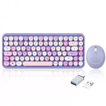 Perixx PERIDUO-713PP DE belaidis mini klaviatūros ir pelės rinkinys, retro vintage dizainas, violetinė, vokiškas išdėstymas