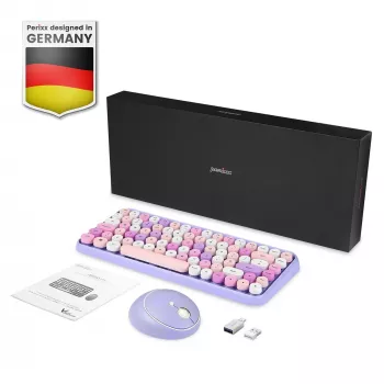 Perixx PERIDUO-713PP DE belaidis mini klaviatūros ir pelės rinkinys, retro vintage dizainas, violetinė, vokiškas išdėstymas